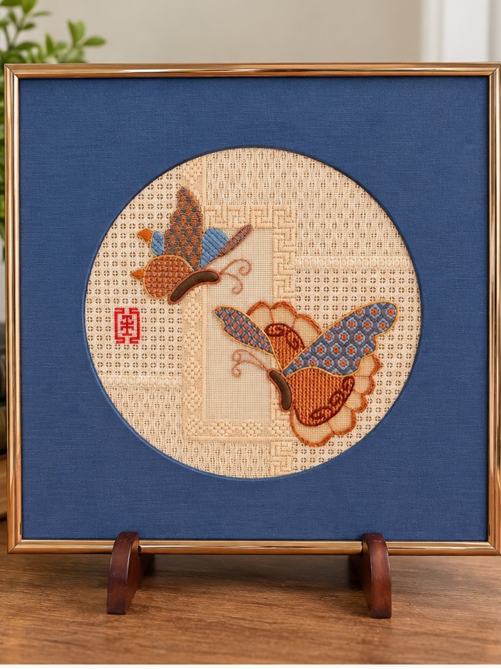 Jean C. Taggart Butterfly Roundel Original Needlepoint Textile Art Framed